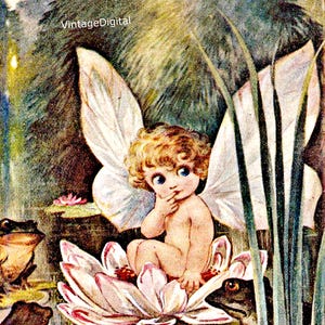 Image d'art imprimable en téléchargement numérique vintage fée et grenouilles