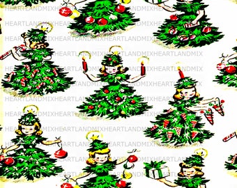 May include: A repeating pattern of Christmas trees dressed as girls. The trees are green with red and white candy cane ornaments, red and green baubles, and gold stars. The girls are wearing red and white candy cane dresses with red bows and gold halos.