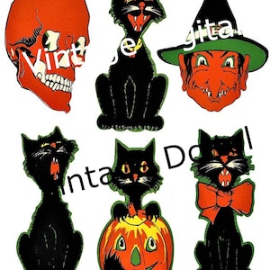 Heks schedel zwarte katten zes verschillende Halloween Clip Arts Vintage digitale afbeelding afdrukbaar