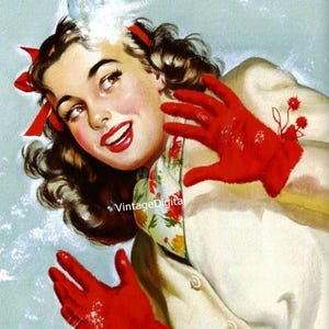 Immagine stampabile digitale di Natale scaricabile, vintage anni '40, raffigurante una donna in una battaglia di palle di neve