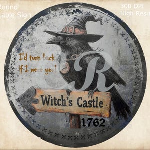 Primitive Farmhouse Autumn Fall Halloween Raven Crow Witch&#39;s Castle Round Printable 10&quot; Sign Tag Label PNG 300 DPI Digital Image