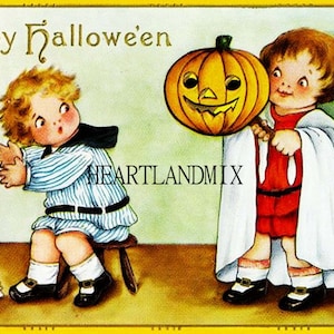 Vintage Digital Halloween image Download Printable Girls with Jack o' Lantern Ghost