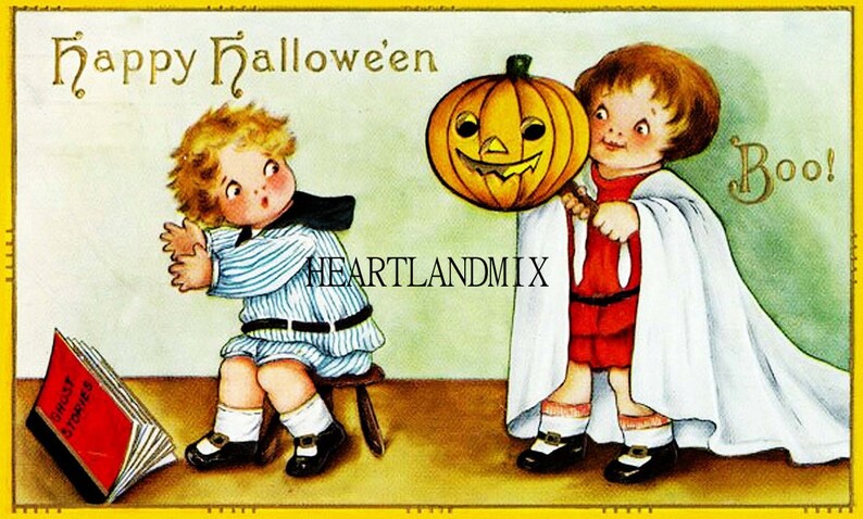 Vintage Digital Halloween Bild Download druckbare Mädchen mit Jack o 'Laterne Gespenst Bild 1