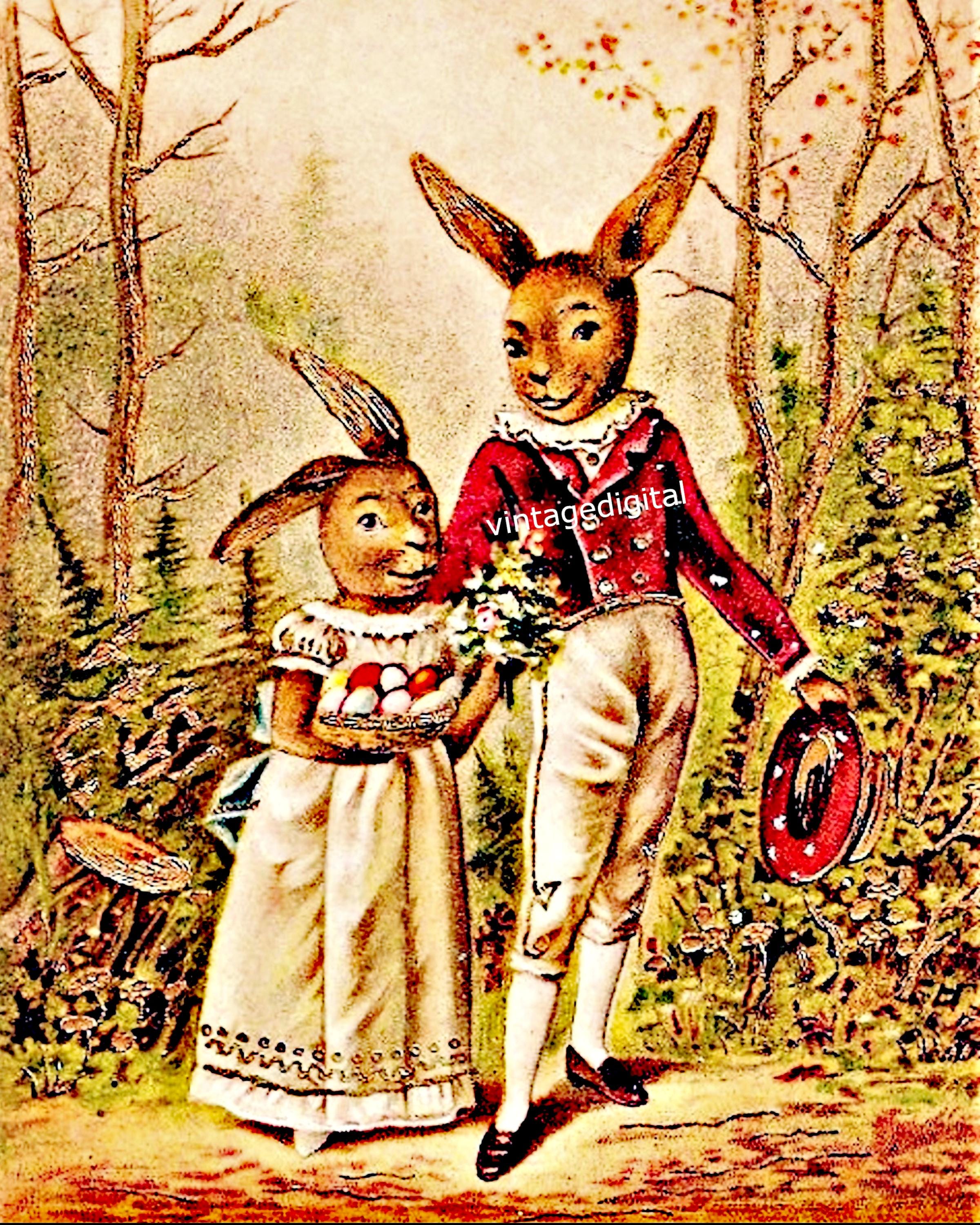 ヴィンテージイースターポストカード 茶色のウサギのカップルが服を着