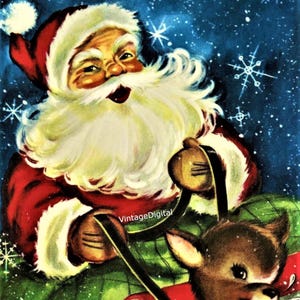 Vintage Weihnachten Weihnachtsmann und Rentier Bild digitaler Download druckbar