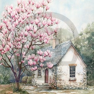 Vintage Spring Time Magnolia Tree and Cottage Digital Image Download Printable