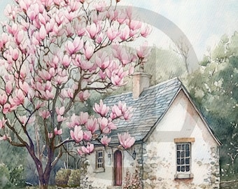 Vintage Spring Time Magnolia Tree and Cottage Digital Image Download Printable