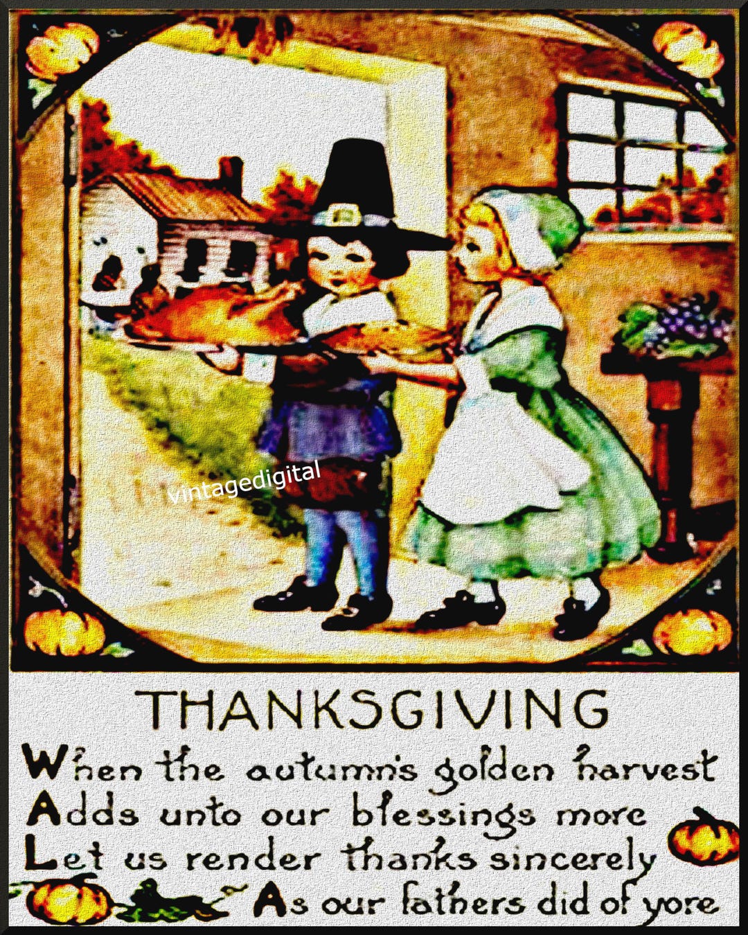 Thanksgiving Turkey Greetings Verse Vintage Pilgrims Digital Image ...