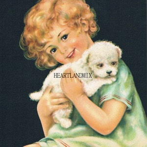 Imagen de arte gráfico digital vintage de Charlotte Becker, decoración de guardería, arte de pared de niña sosteniendo un cachorro