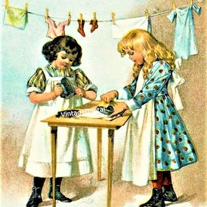 Ilustración artística imprimible de una joven planchando en una lavandería de una granja vintage