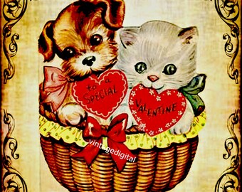 Immagine vintage di San Valentino con cuccioli e gattini innamorati e cuori, download immediato e stampabile.