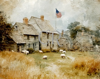 Primitive Vintage American Colonial Village Decor Digital Image Download