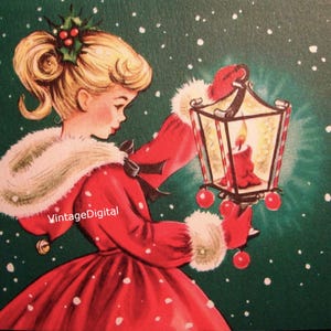 Imagen digital de niña navideña vintage y farolillo con vela. Arte de pared/Etiquetas de regalo/Tarjetas/Etiquetas/Logotipos/Transferencias/Álbum de recortes. Descarga instantánea e imprimible.