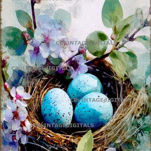 May include: Watercolor painting of a bird's nest with three speckled blue eggs. The nest is nestled among delicate white and purple blossoms and green leaves, evoking a springtime theme. The image has a vintage, artistic style.