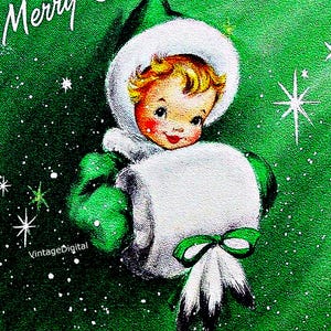 Frohe Weihnachten süße Mädchen im Pelz Vintage Karte Bild Digital Download