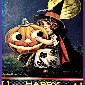 Carte postale vintage Happy Halloween sorcière avec citrouille et image pleine lune imprimable en téléchargement numérique