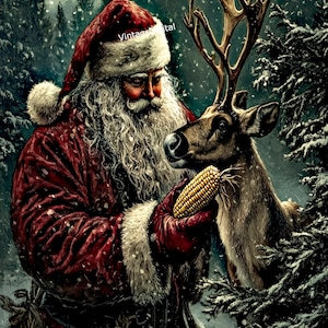 Arte de pared navideño/Tarjetas/Etiquetas/Álbumes de recortes/Páginas de diario/Descarga de imágenes imprimibles de la oferta de Papá Noel de granja primitiva vintage con renos y maíz