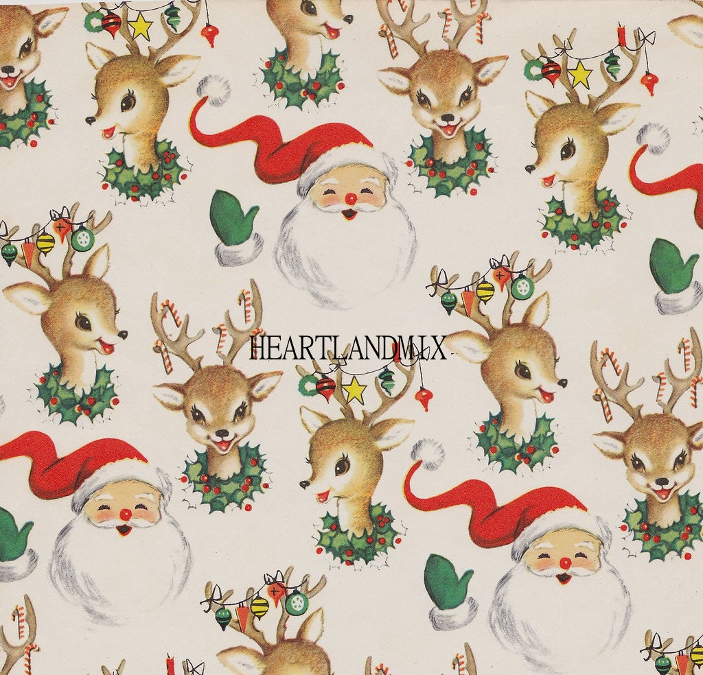 Santa and Reindeer Vintage Christmas Paper Digital Image | Etsy in 2021