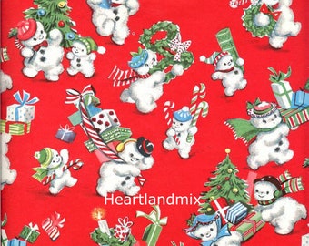 Christmas Wrapping Paper Vintage Snowmen with Xmas Trees and Gifts Digital Image Printable Download