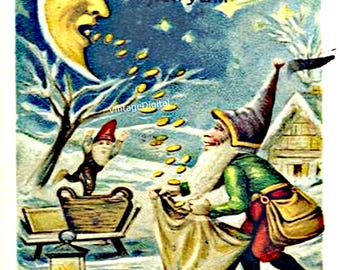 ヴィンテージの新年GNOME画像、即時ダウンロード可能なデジタル印刷カード