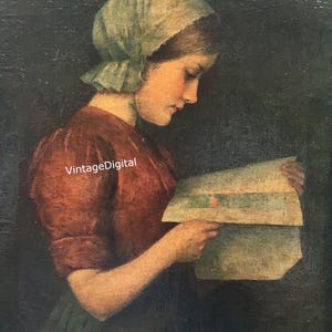 Retrato de mujer colonial primitiva vintage con un libro. Arte de pared/Tarjetas/Etiquetas/Álbumes de recortes/Páginas de diario. Descarga de imágenes imprimibles.