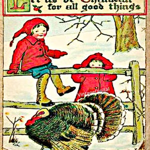 Enfants de Thanksgiving vintage en téléchargement numérique avec une image de dinde, soyons reconnaissants...
