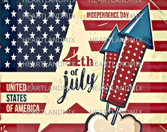 Imagen digital vintage del Día de la Independencia: Ilustración imprimible y descargable. Fuegos artificiales del 4 de julio.