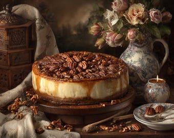 May include: A pecan cheesecake on a wooden cake stand. The cake is topped with pecans and has a caramel glaze. A vase of pink and white flowers, a candle, and a decorative box are in the background. A plate with pecans and forks is on the right.
