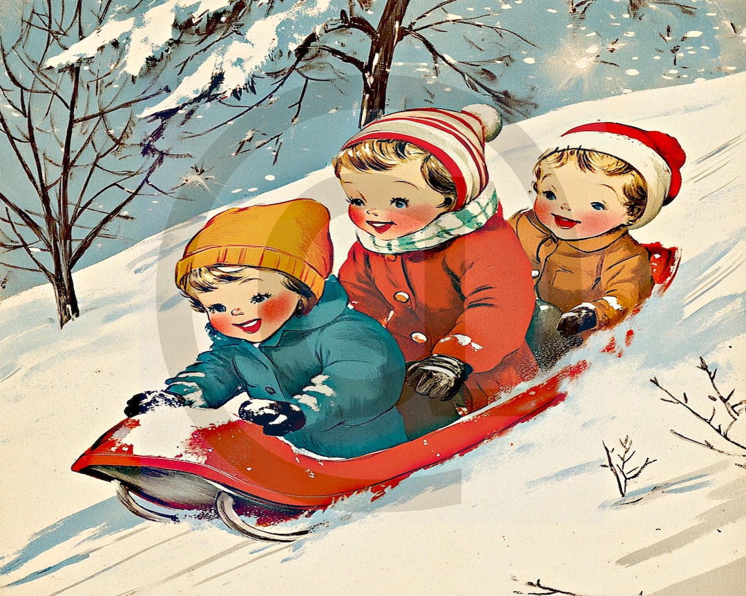 Vintage Children Sledding Down the Hill Illustration Digital Download ...
