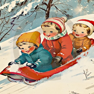 Vintage Children Sledding down the hill Illustration Digital Download
