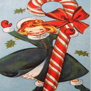GIRL with LARGE Candy CANE Vintage Christmas Image Digital Printable Download