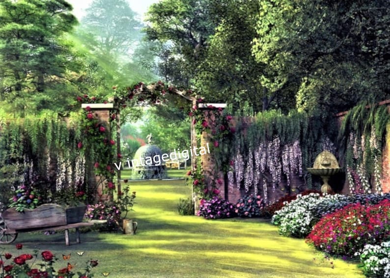 May include: A lush garden scene with a stone archway covered in pink roses and a fountain in the background. The archway leads to a path lined with green grass and flowers. There are purple wisteria vines growing on the wall to the right of the archway.