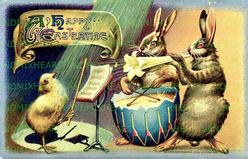 May include: A vintage Easter card featuring a yellow chick holding a drumstick, two brown rabbits playing a drum and a music stand with sheet music. The card reads "A Happy Eastertide."