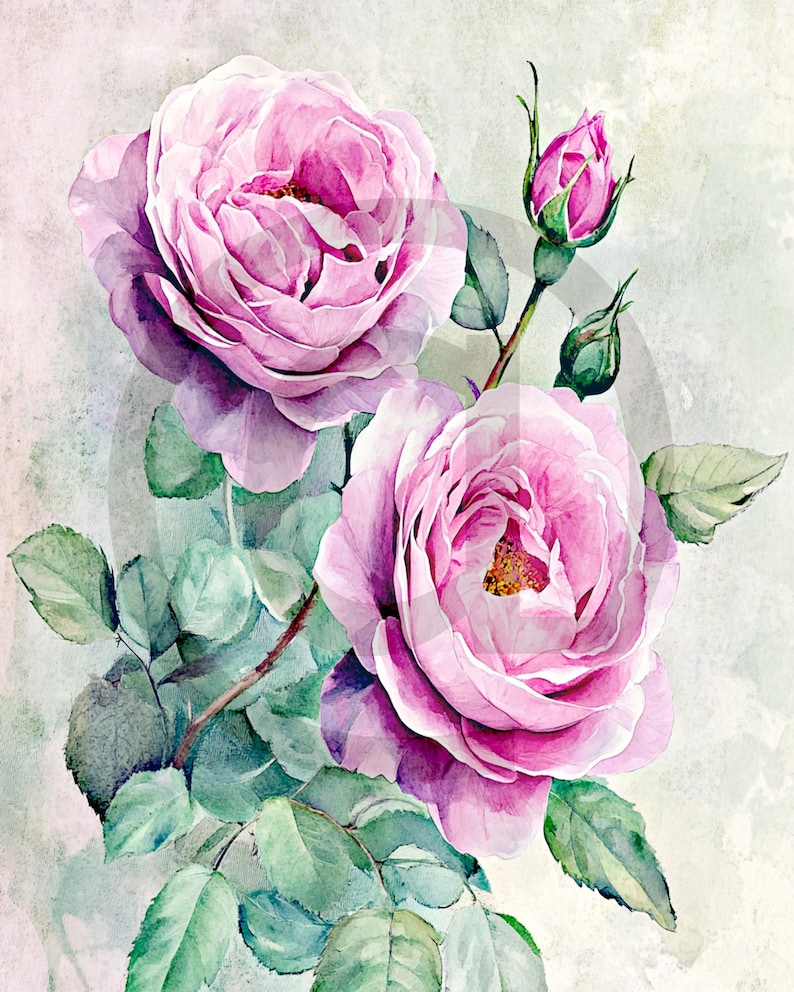 Antique Vintage Botanical Cabbage Roses Digital Image Illustration ...