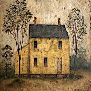 Domek w stylu vintage saltbox do druku: prymitywna sztuka ludowa w stylu wiejskim do pobrania w wersji cyfrowej