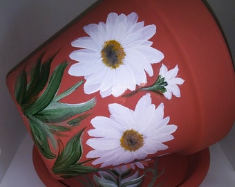 Hand Painted Terracotta Flower Container - Six Inch With Saucer