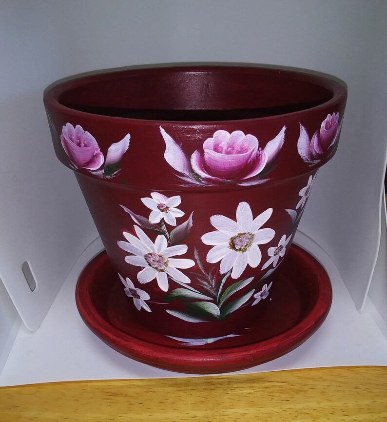 Hand Painted Flower Container Six Inch with Saucer image 1