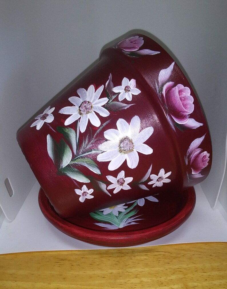 Hand Painted Flower Container Six Inch with Saucer image 3