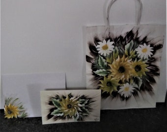 Hand Painted Gift Giving Set - Paper Gift Bag, Matching Greeting Card with Envelope