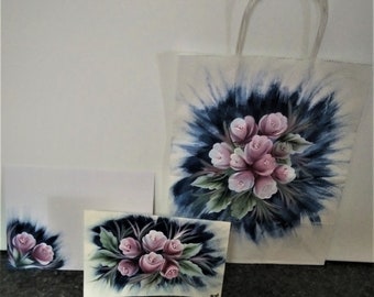 Hand Painted Gift Giving Set - Paper Gift Bag, Matching Greeting Card with Envelope