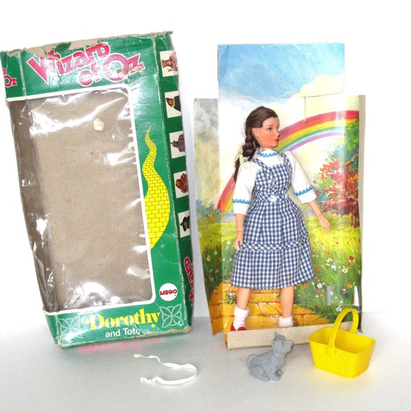 1972 Dorothy Doll - Mego Corp - Wizard of OZ - With Toto Basket - Original Box and Insert - Missing Shoe - Very Excellent Condition