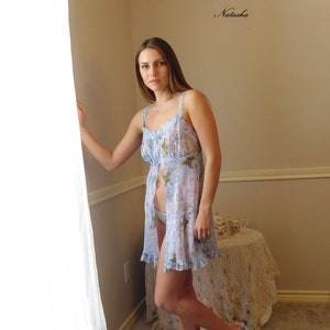 SHEER BLUE BABYDOLL  Floral Nighty Nightie Nightgown Secret Treasures Pretty Sleepwear Lingerie - S