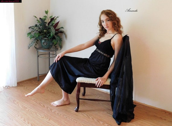 Greta Gehr BLACK NYLON and Lace NIGHTGOWN Nightdr… - image 1