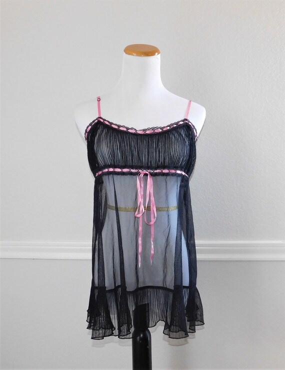 Victoria's Secret Y2K SHEER BLACK Pleated BABYDOLL Sexy Nighty Baby Doll  Nightgown Nightie Sleepwear Pretty Valentine Lingerie M 