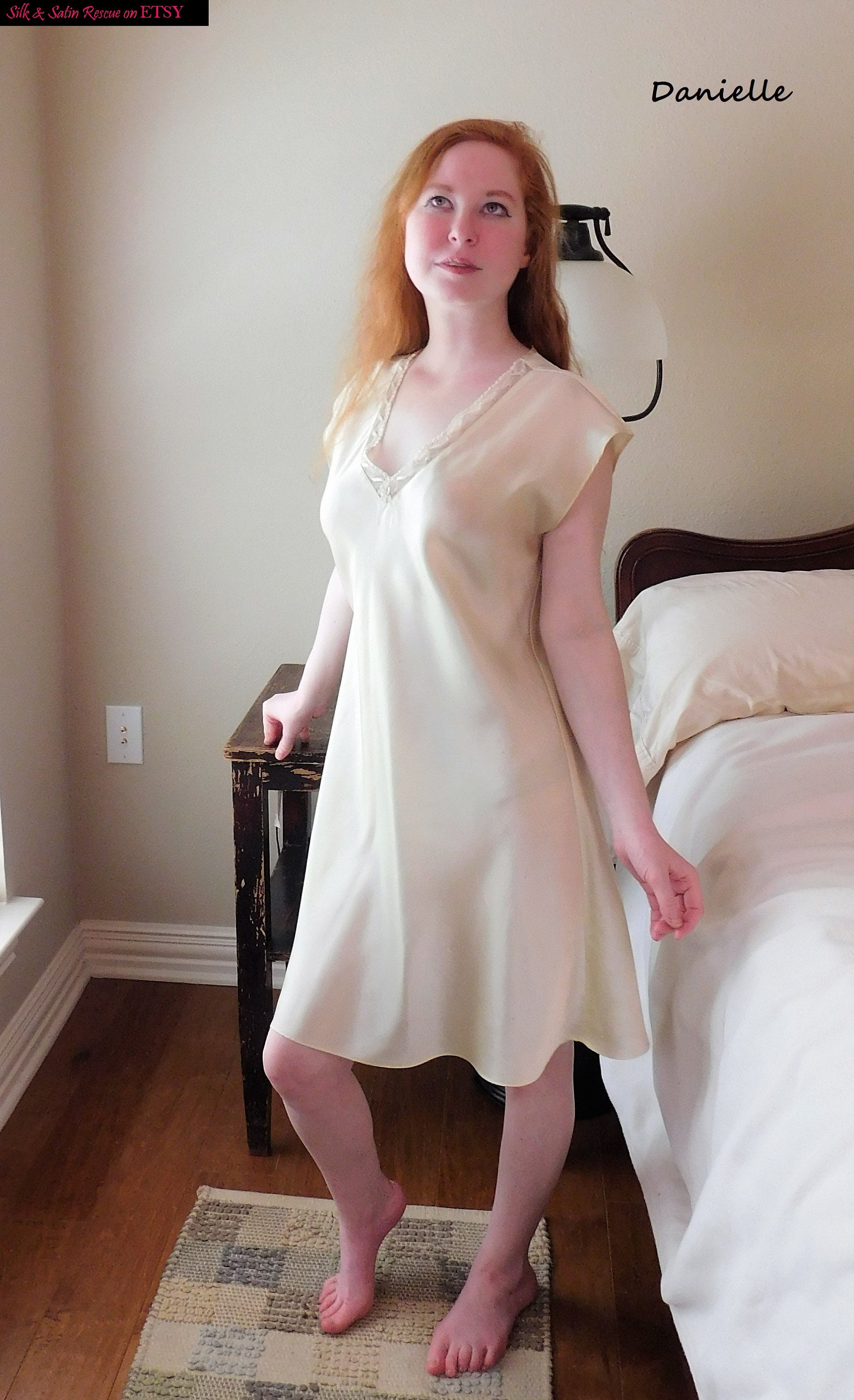 Pretty Pale Yellow/green SATIN and Lace SLEEPSHIRT Sleepwear NIGHTGOWN ...