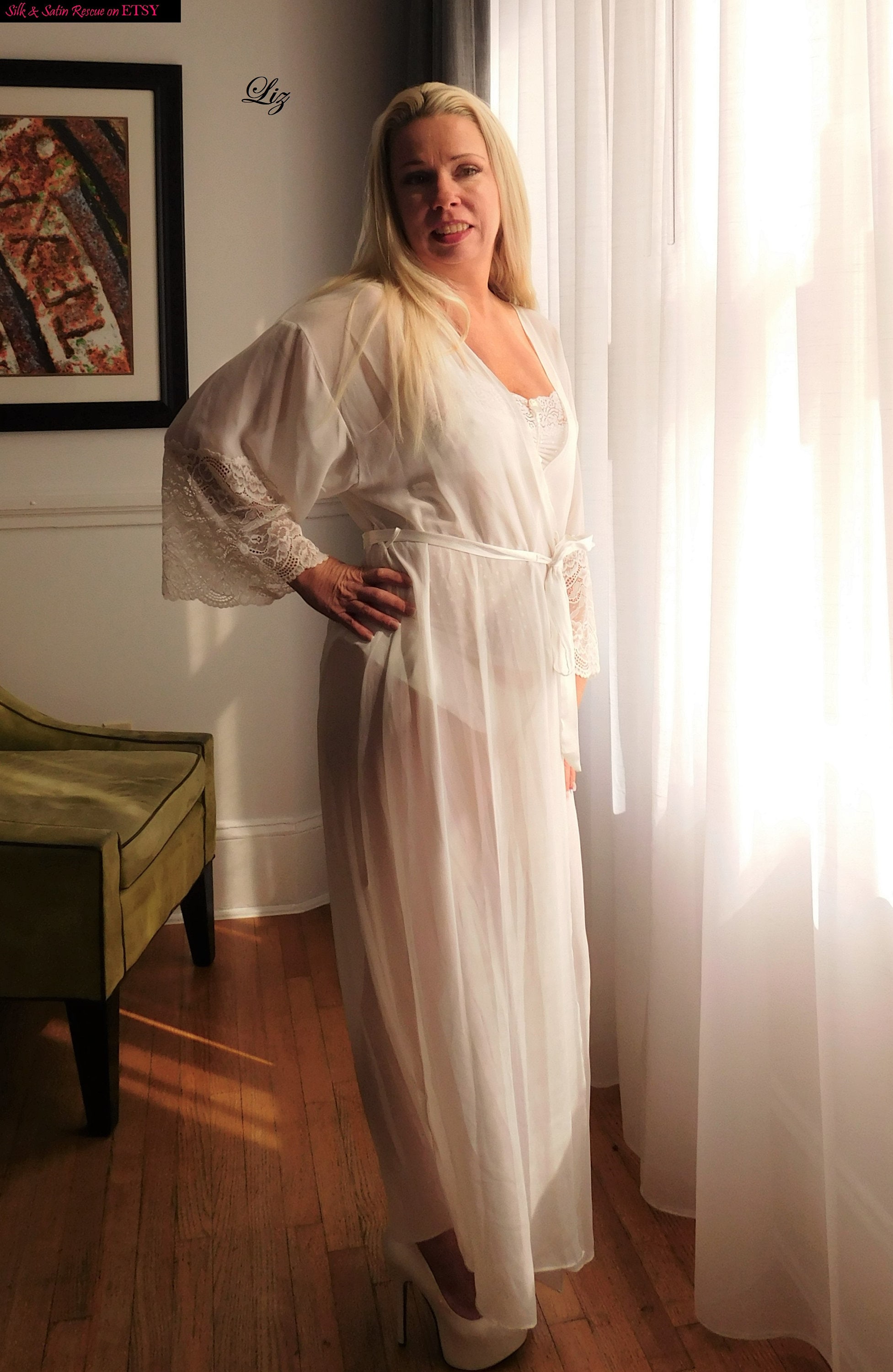 SHEER off WHITE Bridal ROBE Dressing Gown See Thru Lace Cinema Etoile