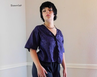 Victoria&#39;s Secret PURPLE SATIN Jacquard PJ Top Shirt Pajama Sleepwear Lingerie - M