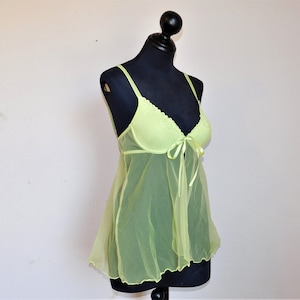 Lime GREEN SHEER Chiffon and Lace BABYDOLL Nightie Top Fly Away Baby Doll Nighty Nightgown Escante Collection Cute Lingerie - M