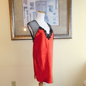 Pretty RED Liquid SATIN and Black Chiffon and Lace Sleepshirt Sleep Shirt Nighty Nightie NIGHTGOWN California Dynasty Valentine Lingerie - M