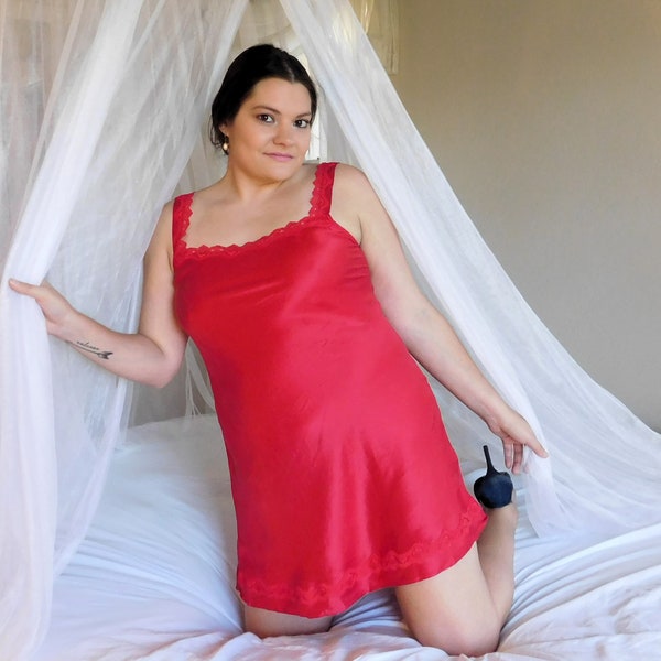 OLGA Red SILK and Lace Chemise Slip Nightie Nightgown Nighty Short Night Dress Valentine Lingerie - XL
